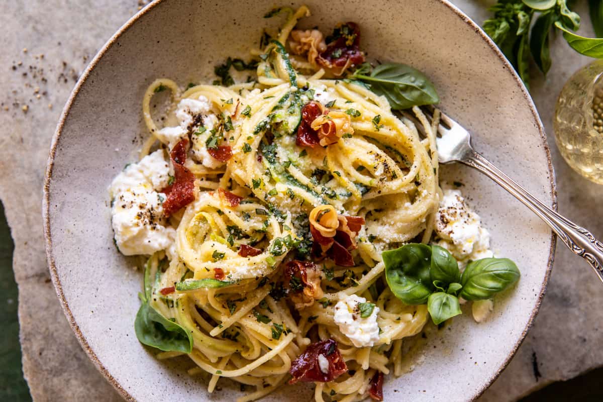 Zucchini Carbonara with Crispy Prosciutto and Burrata | halfbakedharvest.com