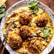 Crockpot Garlic Butter Chicken Meatballs with Creamy Orzo | halfbakedharvest.com
