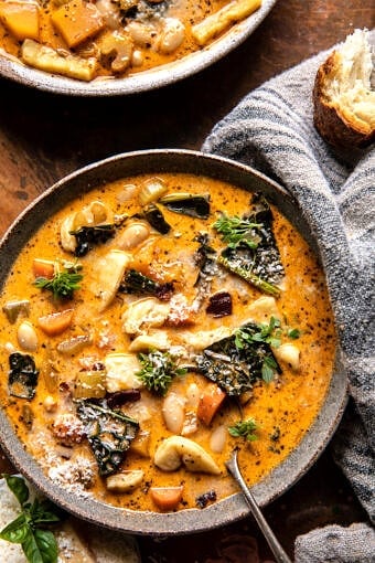 Slow Cooker Creamy White Bean Noodle Soup with Rosemary Bacon | halfbakedharvest.com