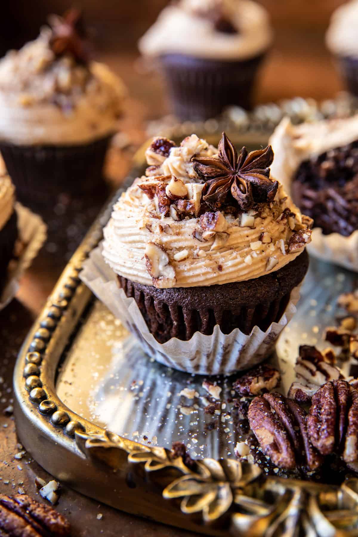 Chocolate Bourbon Chai Latte Cupcakes with Butter Pecan Frosting | halfbakedharvest.com