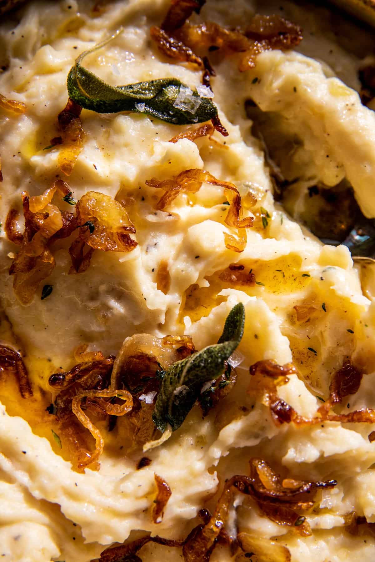 Crockpot Cheesy Mashed Potatoes with Caramelized Onions | halfbakedharvest.com