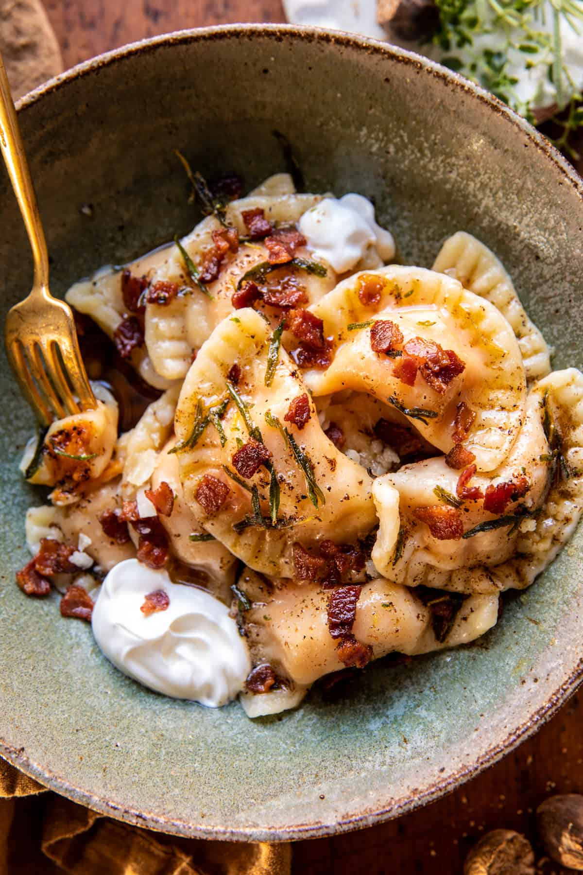 Sweet Potato Cheddar Pierogi with Bacon Bits | halfbakedharvest.com