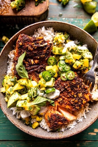 BBQ Salmon Rice Bowls with Mango Jalapeño Salsa | halfbakedharvest.com
