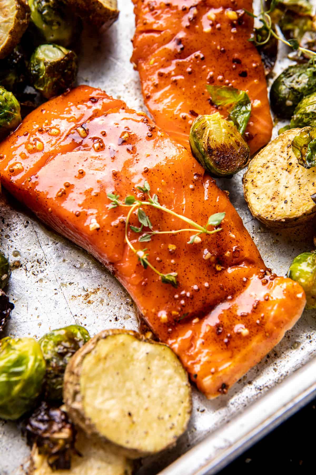 Sheet Pan Honey Mustard Salmon with Caesar Roasted Potatoes | halfbakedharvest.com