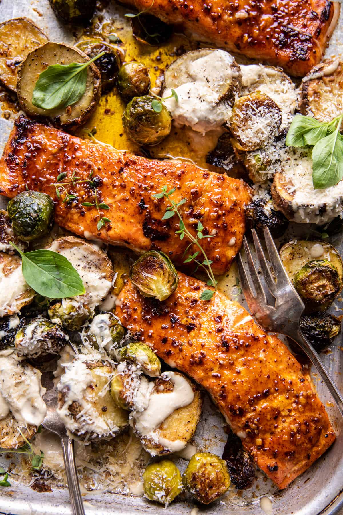 Sheet Pan Honey Mustard Salmon with Caesar Roasted Potatoes | halfbakedharvest.com