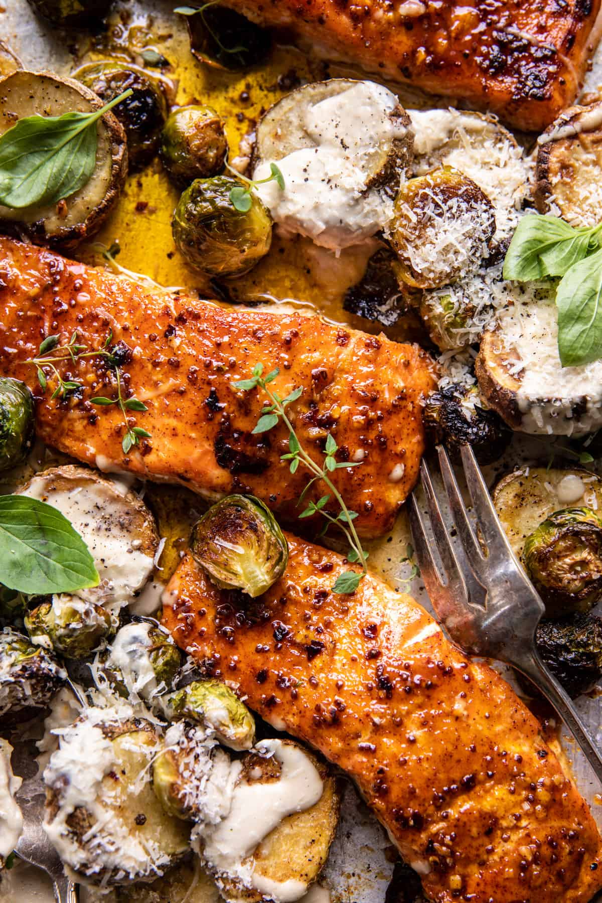 Sheet Pan Honey Mustard Salmon with Caesar Roasted Potatoes | halfbakedharvest.com