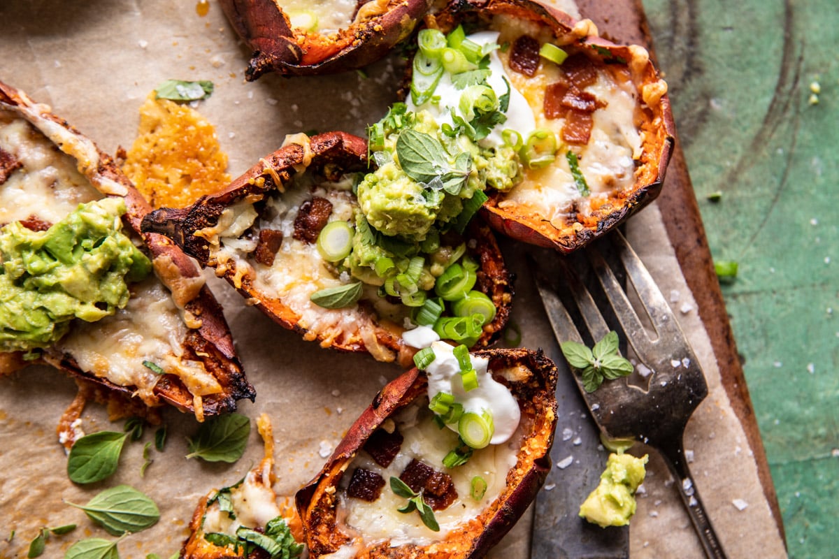 Crispy Cheesy Sweet Potato Skins | halfbakedharvest.com