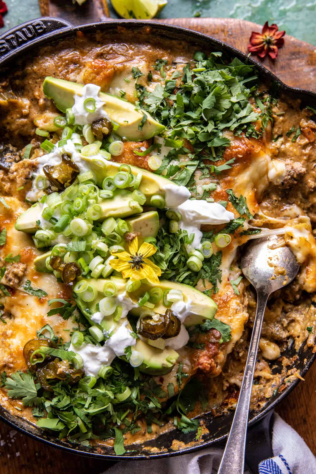 Easy Skillet Cheesy Green Chile Enchilada Bake | halfbakedharvest.com
