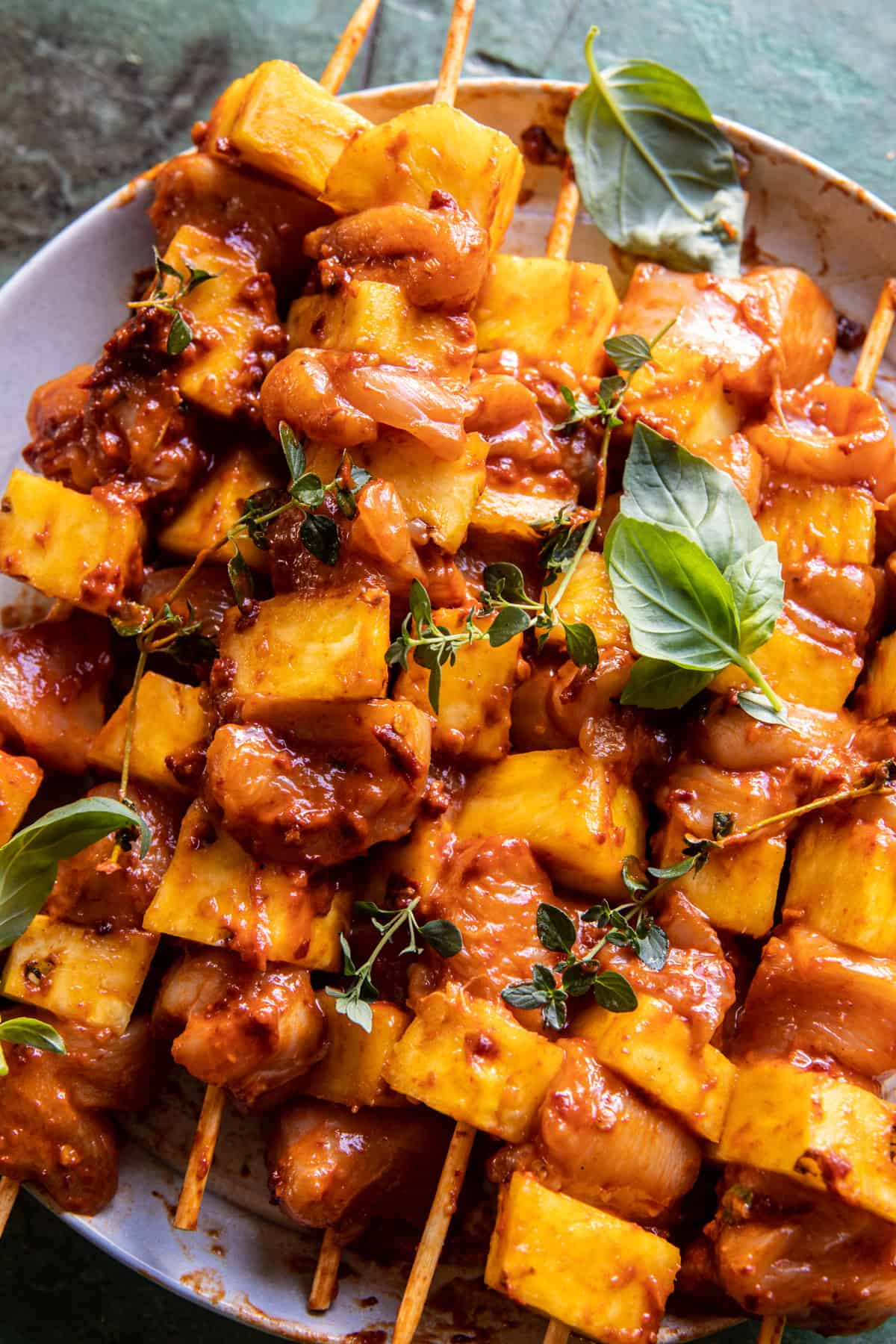 Chipotle Pineapple Bang Bang Chicken Skewers | halfbakedharvest.com