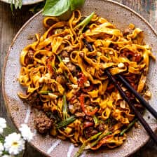 Almost Instant Red Curry Beef and Garlic Noodles | halfbakedharvest.com