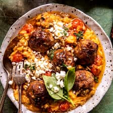 Crockpot Greek Chicken Meatballs with Creamy Tomato Orzo | halfbakedharvest.com