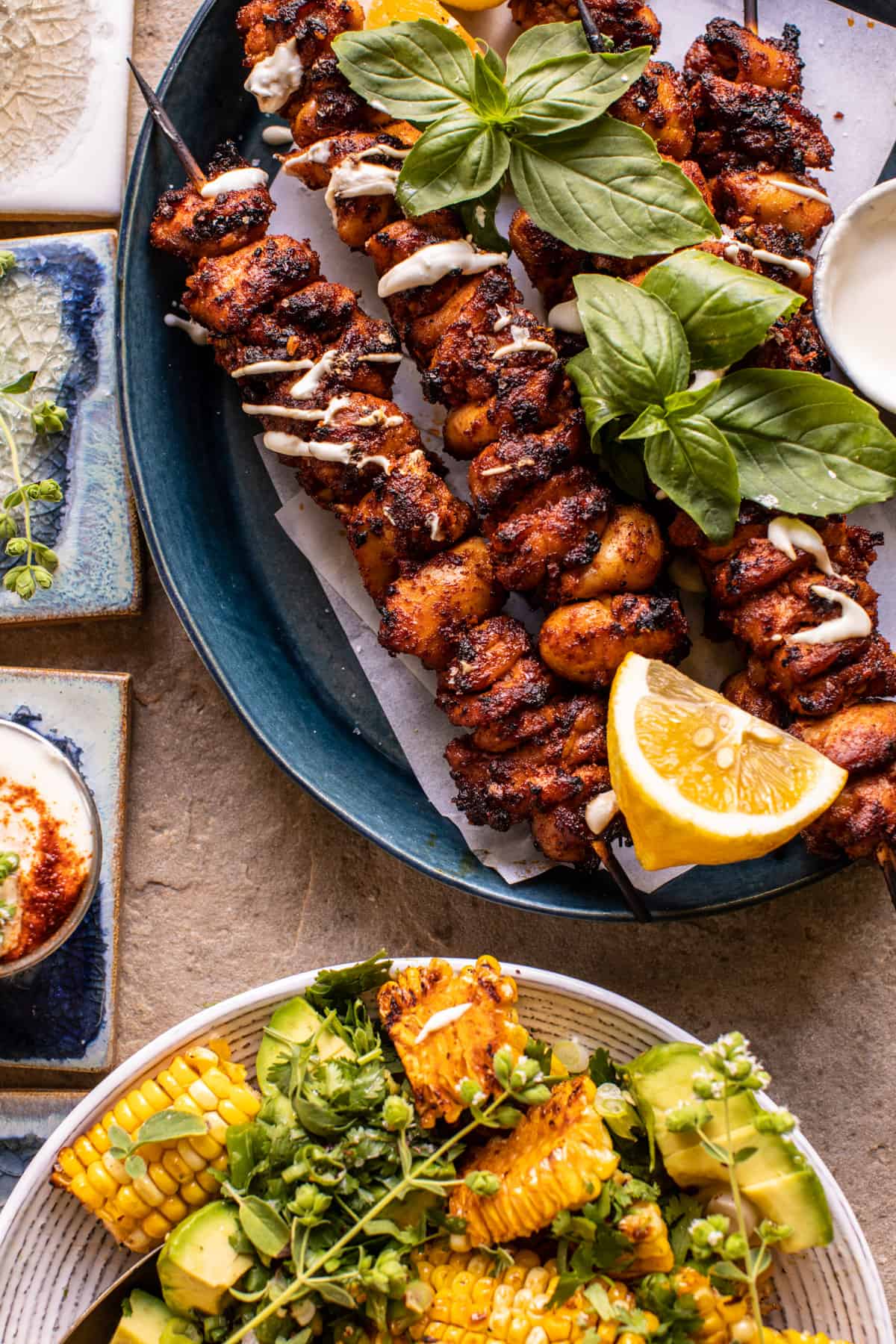 Lemon Feta Paprika Chicken Skewers with Charred Corn | halfbakedharvest.com