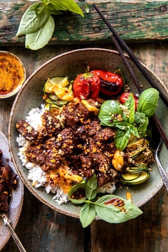 Sheet Pan Chili Crisp Beef Zucchini Rice Bowls | halfbakedharvest.com