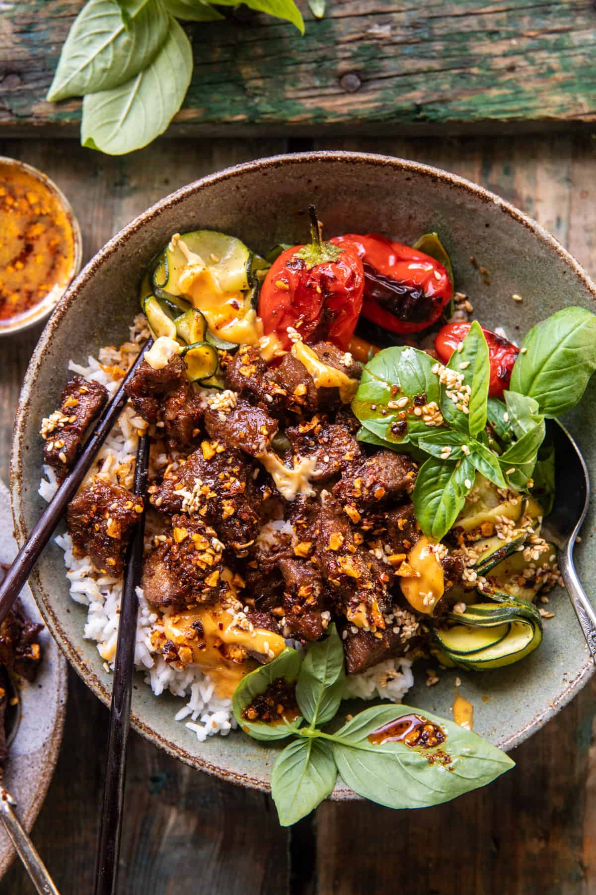 Sheet Pan Chili Crisp Beef Zucchini Rice Bowls | halfbakedharvest.com