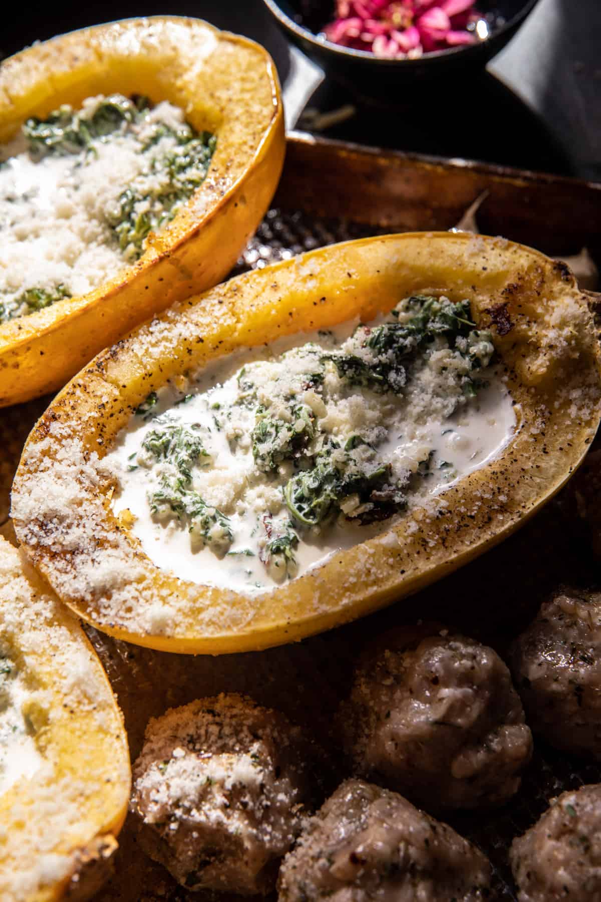 Garlic Butter Chicken Meatball Stuffed Spaghetti Squash | halfbakedharvest.com