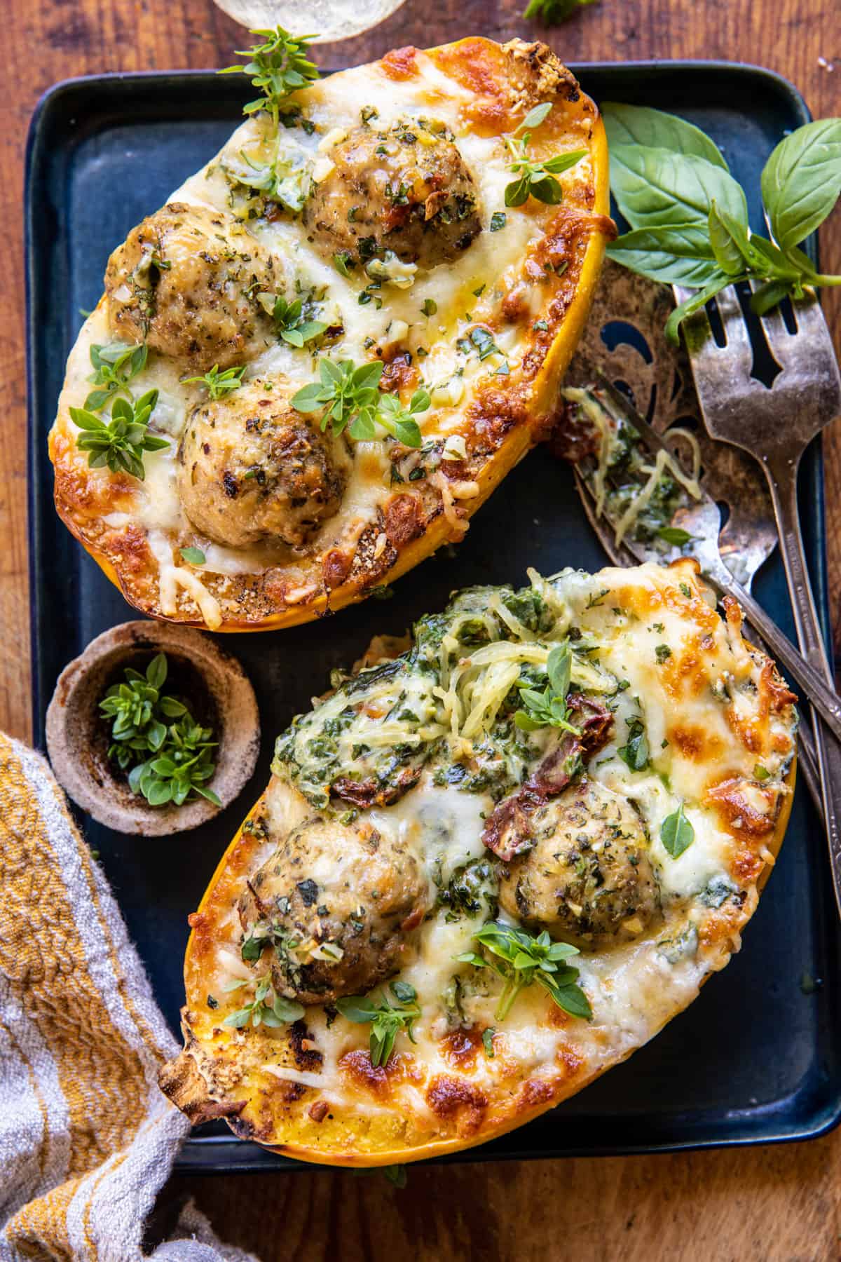 Garlic Butter Chicken Meatball Stuffed Spaghetti Squash | halfbakedharvest.com