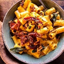 Quick Pumpkin Rigatoni with Candied Prosciutto and Walnuts | halfbakedharvest.com