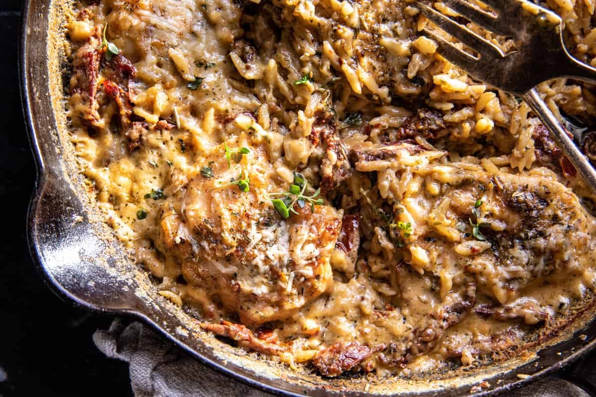 Skillet White Pesto Marry Me Chicken and Orzo | halfbakedharvest.com