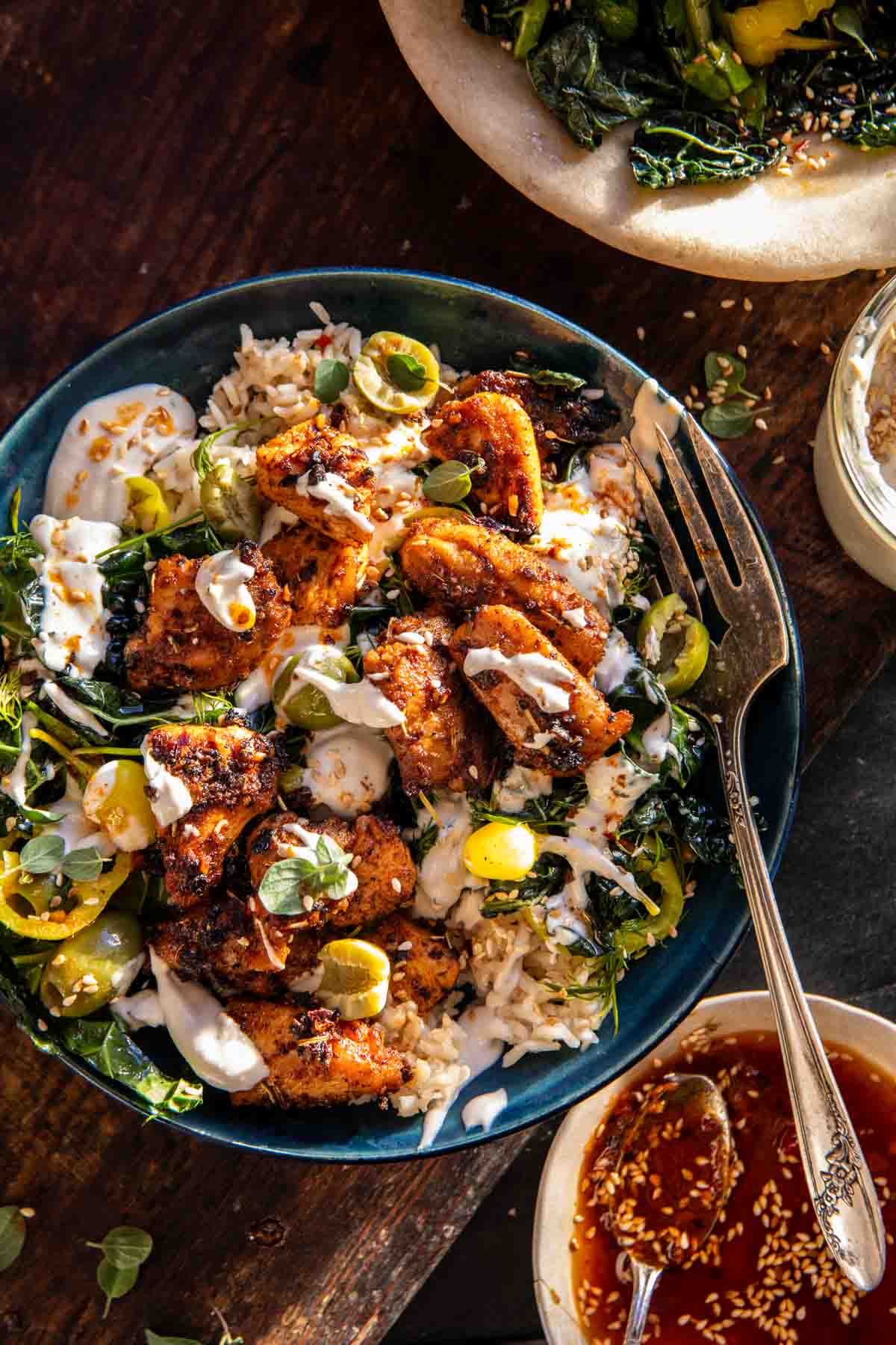 Greek Chicken Bowls with Tahini Feta Sauce | halfbakedharvest.com