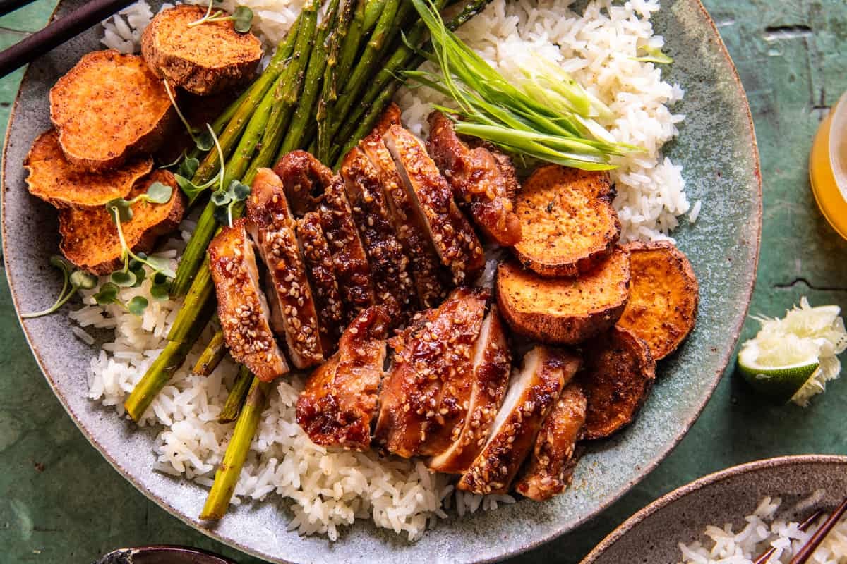 Sheet Pan Sesame Miso Chicken with Coconut Rice | halfbakedharvest.com