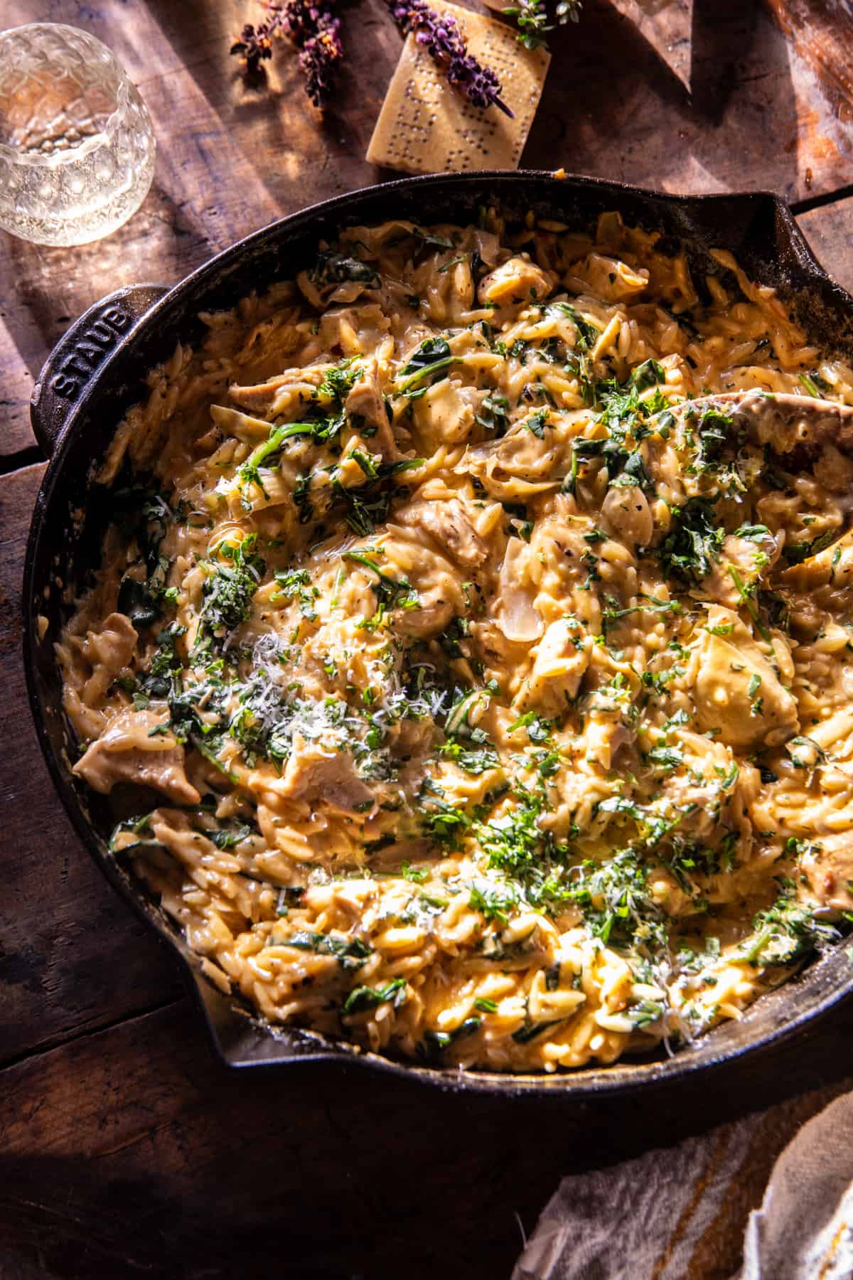 25 Minute Spinach and Artichoke Chicken Orzo | halfbakedharvest.com