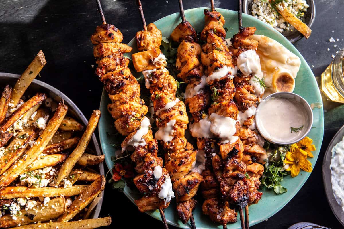 Chicken Tzatziki Skewers with Feta Fries | halfbakedharvest.com