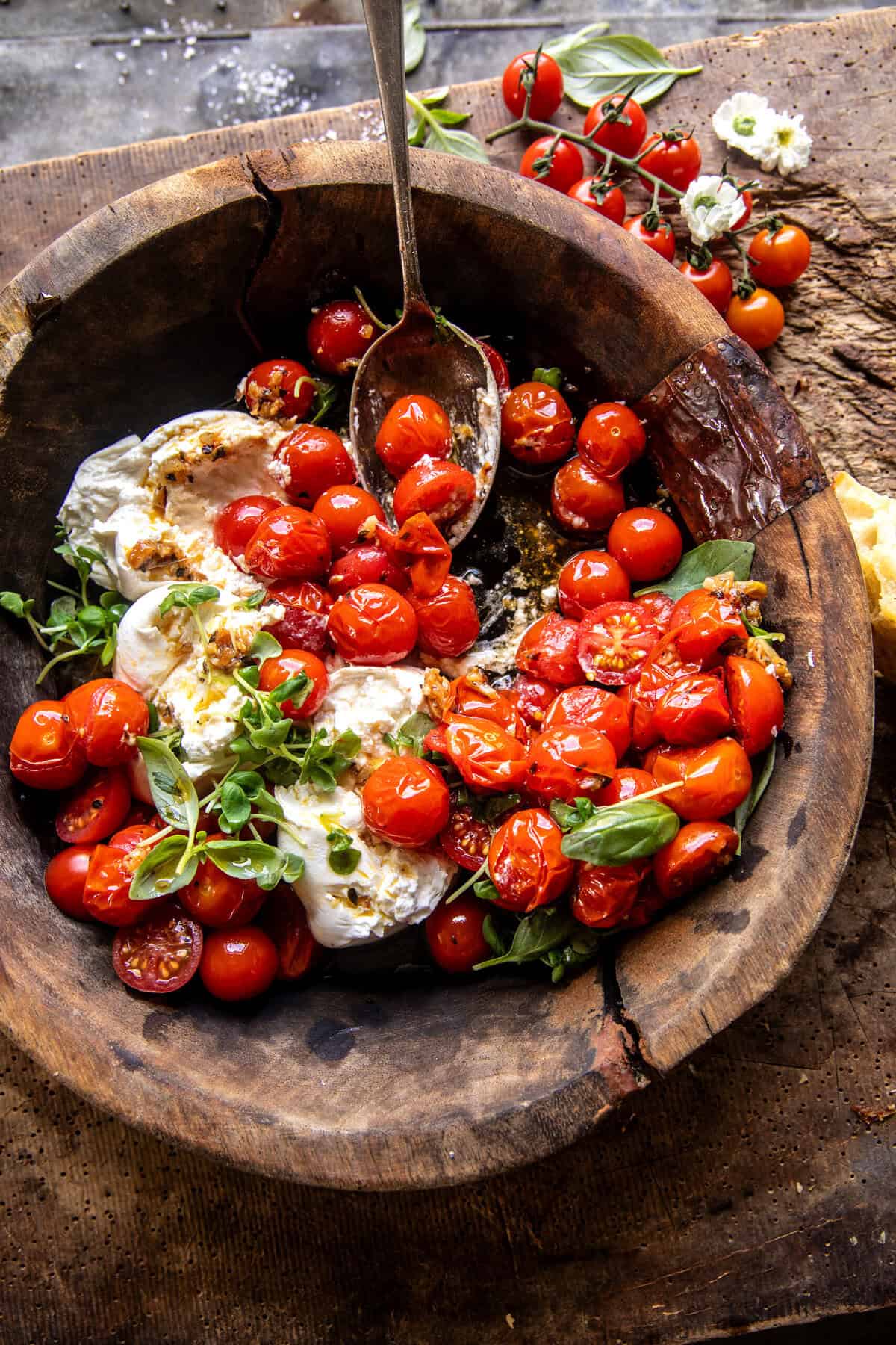 Roasted Garlic Tomato Burrata Caprese | halfbakedharvest.com
