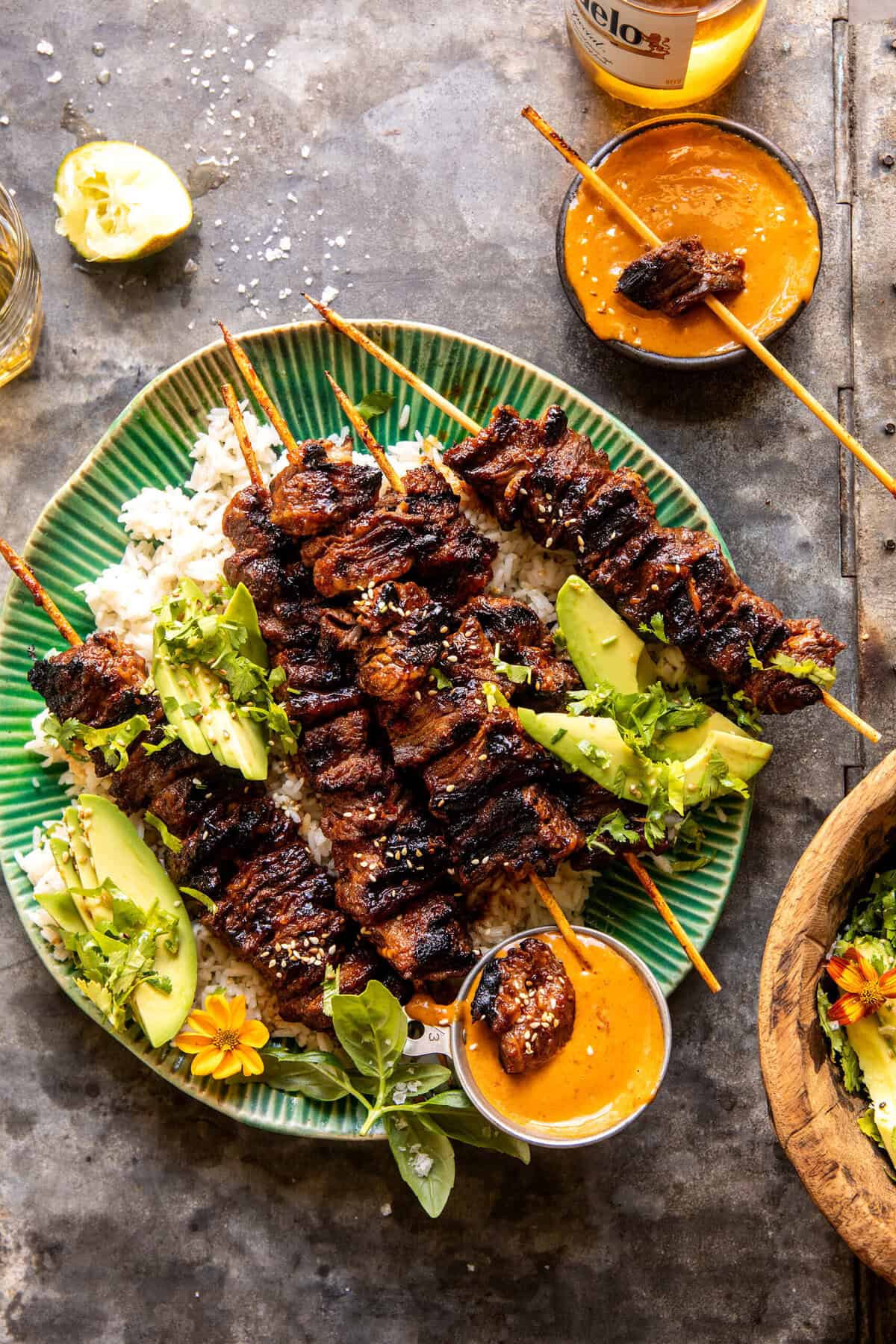 Sesame Ginger Steak Skewers with Peanut Sauce | halfbakedharvest.com
