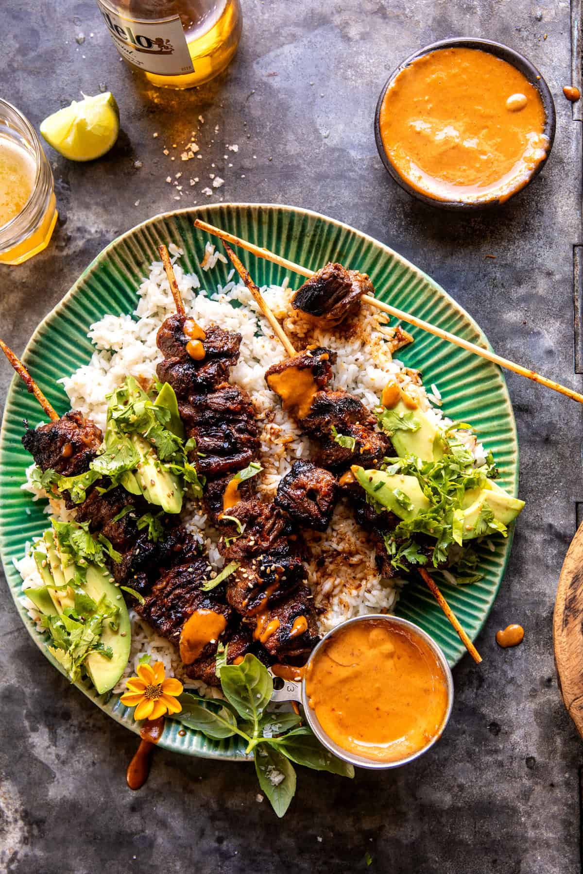 Sesame Ginger Steak Skewers with Peanut Sauce | halfbakedharvest.com