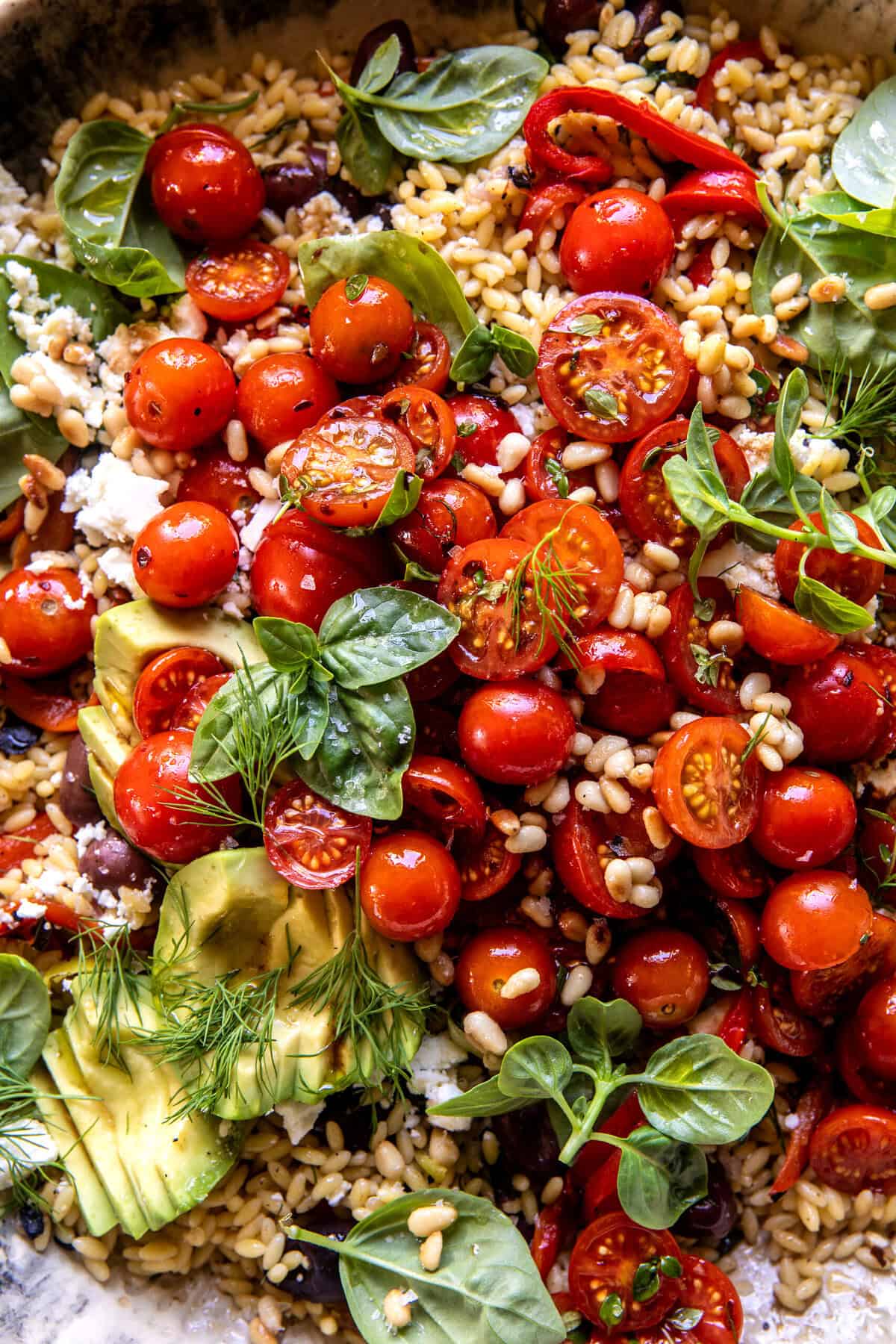 Greek Roasted Red Pepper Tomato Feta Orzo | halfbakedharvest.com