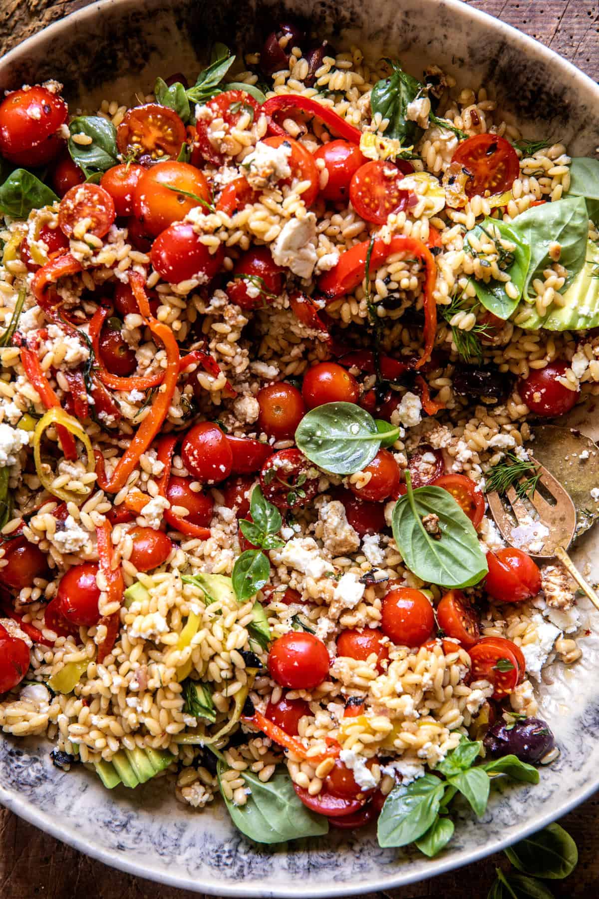 Greek Roasted Red Pepper Tomato Feta Orzo | halfbakedharvest.com