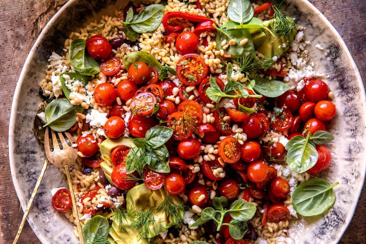 Greek Roasted Red Pepper Tomato Feta Orzo | halfbakedharvest.com