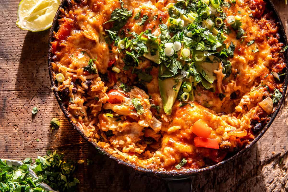 One Skillet Cheesy Salsa Chicken Rice Bake | halfbakedharvest.com