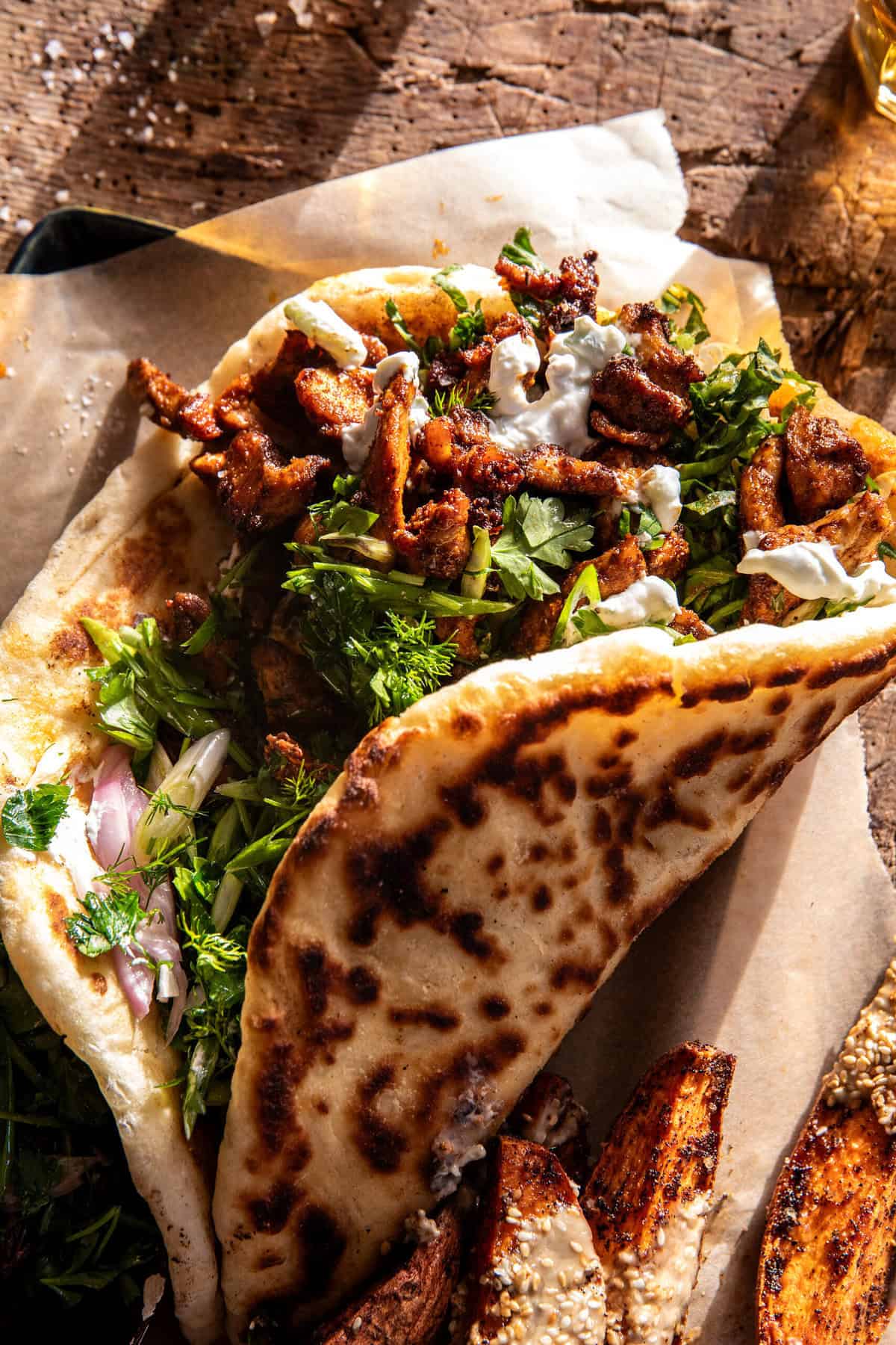 Curry Chicken Gyro and Tahini Sweet Potatoes | halfbakedharvest.com
