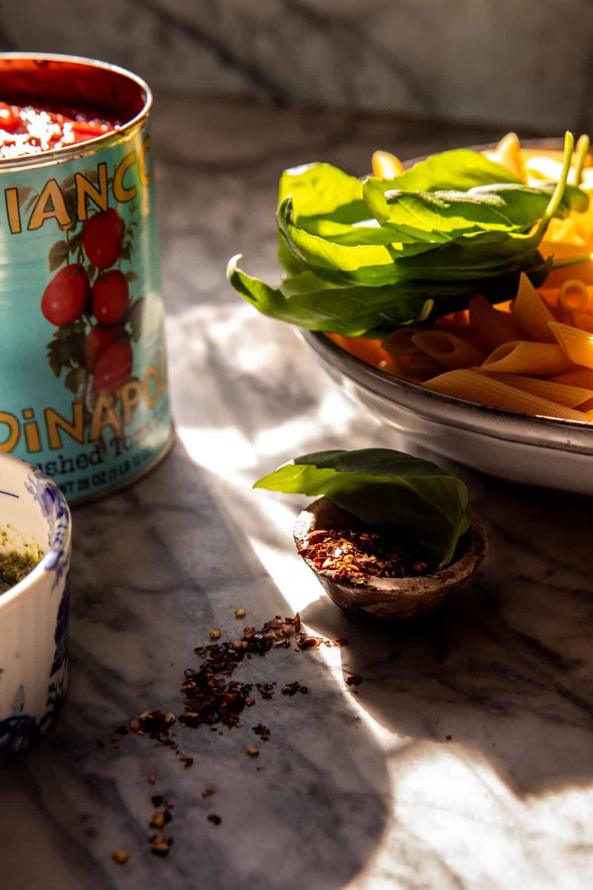 Easy One Pot Spicy Tomato Basil Pesto Pasta | halfbakedharvest.com