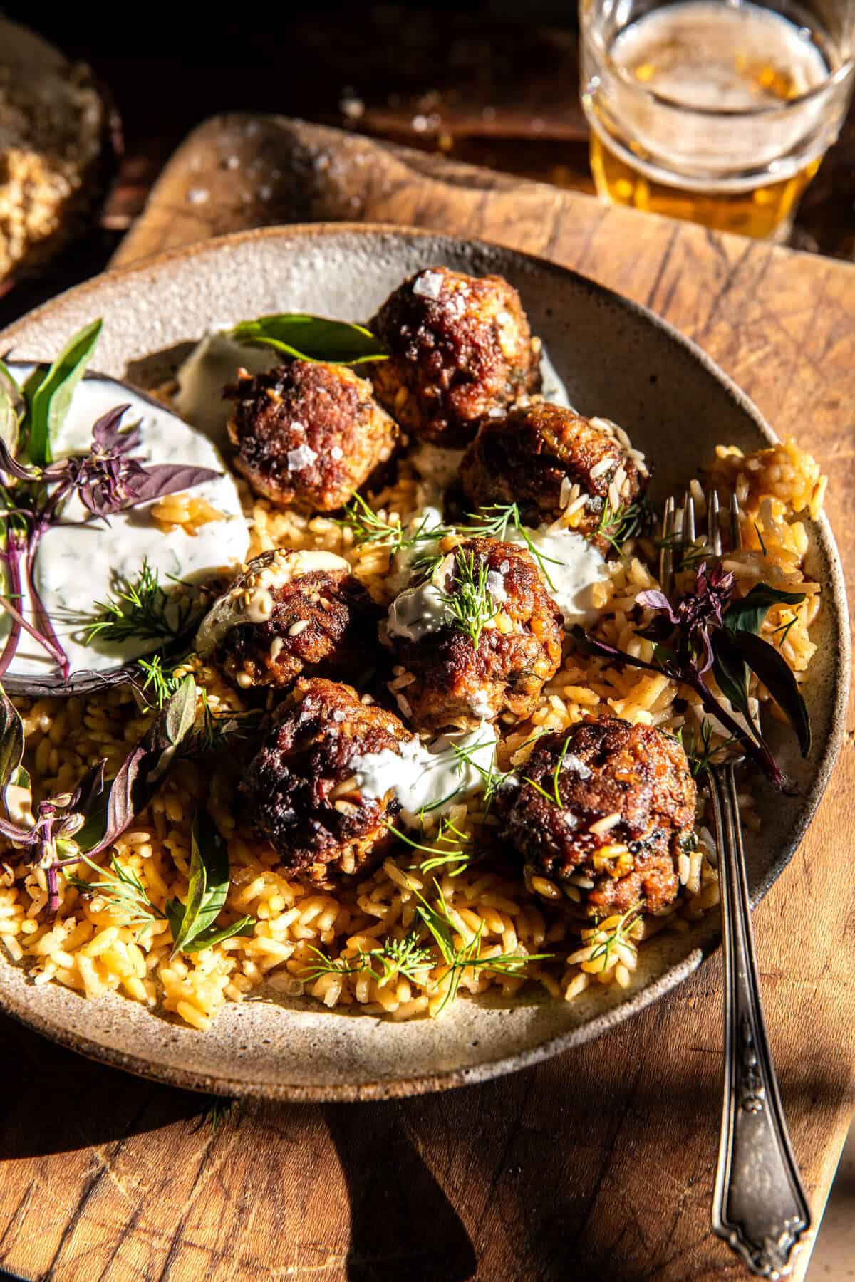 One Skillet Greek Meatballs and Lemon Rice | halfbakedharvest.com
