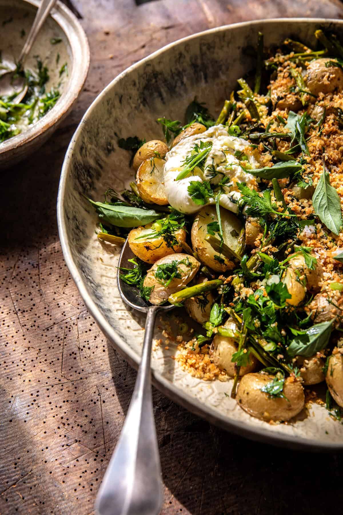 Roasted Asparagus and Potatoes with Sesame Breadcrumbs and Burrata | halfbakedharvest.com