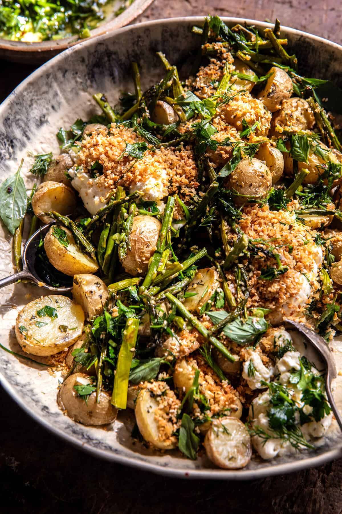 Roasted Asparagus and Potatoes with Sesame Breadcrumbs and Burrata | halfbakedharvest.com