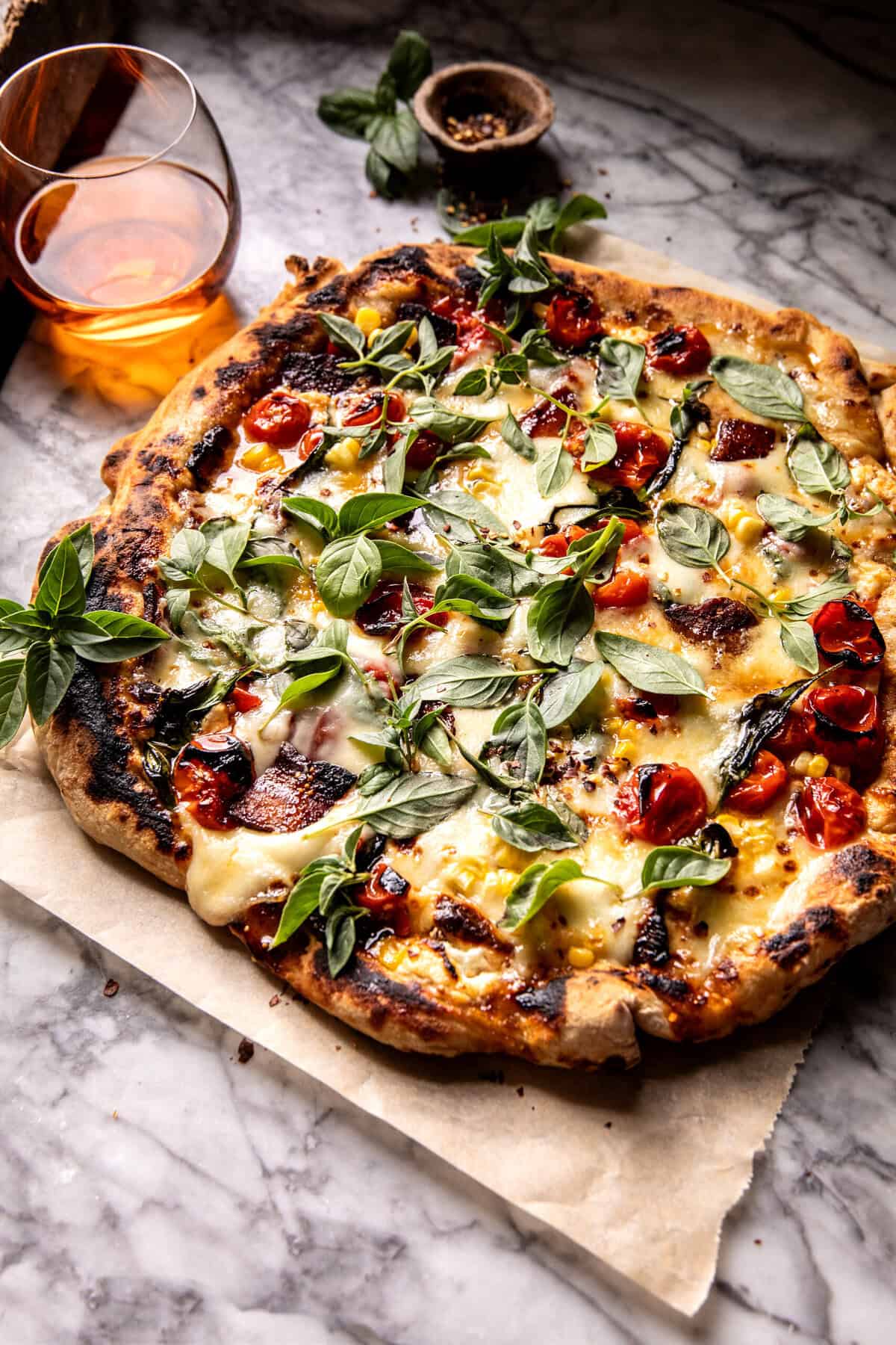 Bacon Goat Cheese Tomato Corn Pizza | halfbakedharvest.com