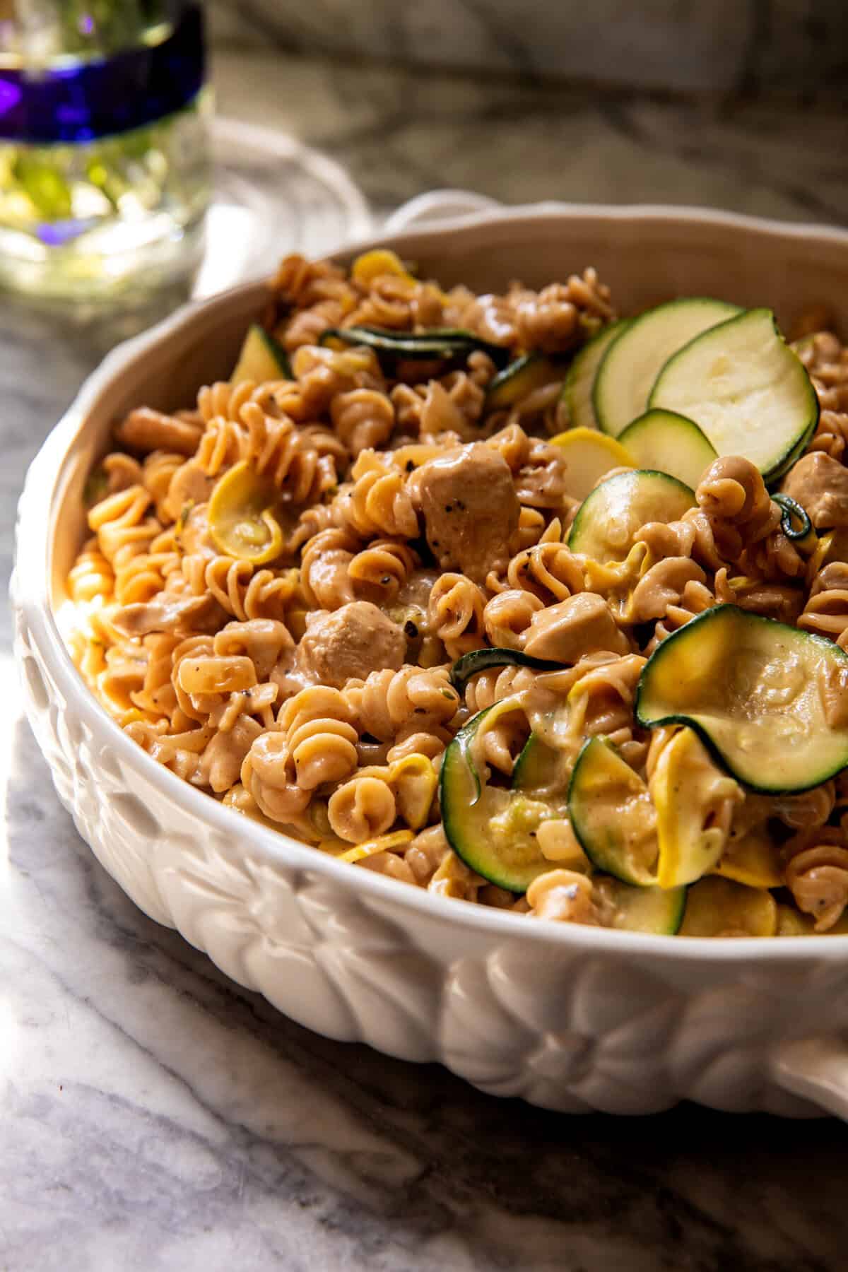Zucchini Cheddar Chicken Noodle Casserole | halfbakedharvest.com