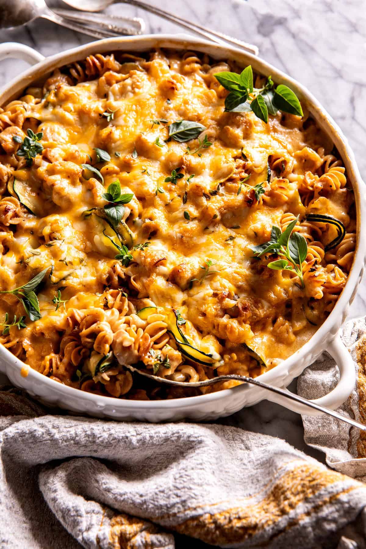 Zucchini Cheddar Chicken Noodle Casserole | halfbakedharvest.com