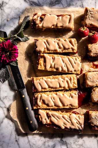 Frosted Soft Brown Sugar Strawberry Bars | halfbakedharvest.com