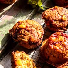 Jumbo Caramel Peach Cobbler Muffins | halfbakedharvest.com