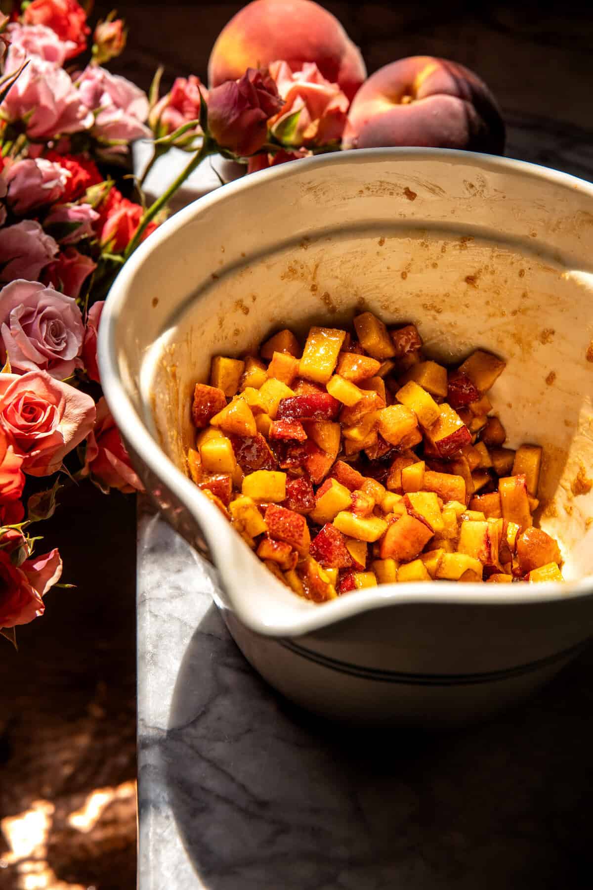Jumbo Caramel Peach Cobbler Muffins |  halfbakedharvest.com