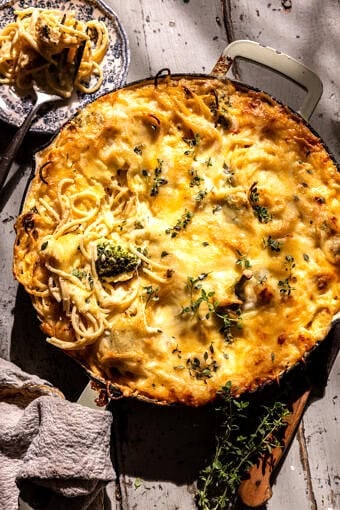Broccoli Cheddar Spaghetti Casserole | halfbakedhavrest.com